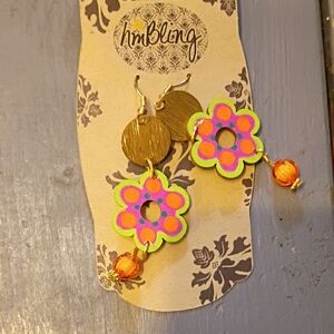 Colorful Flower Earrings with Orange Beads